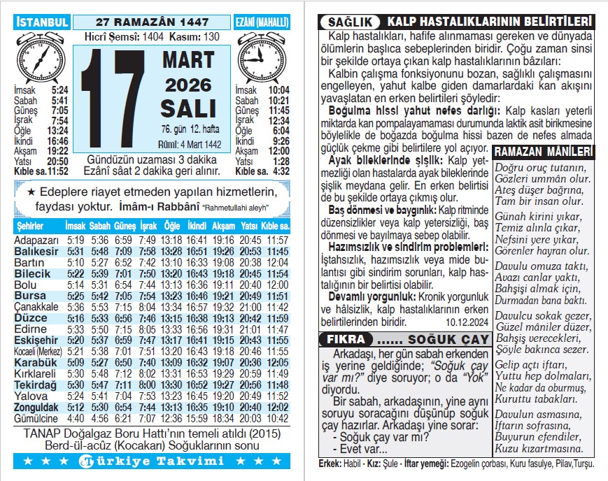 27 Ramazan 1447 - 17 Mart 2026 Tarihli Türkiye Takvimi