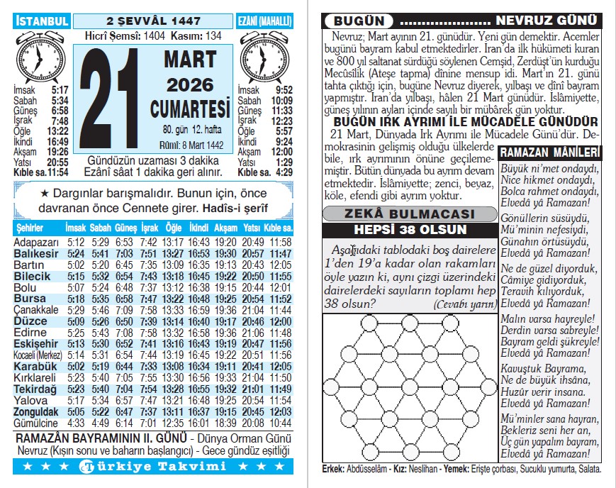 2 Şevval 1447 - 21 Mart 2026 Tarihli Türkiye Takvimi