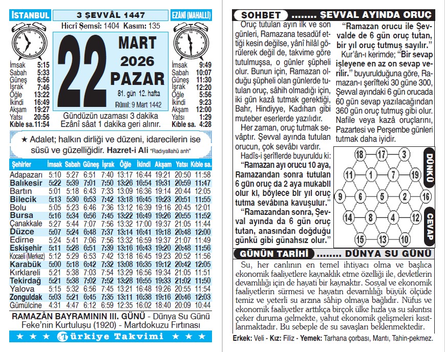 3 Şevval 1447 - 22 Mart 2026 Tarihli Türkiye Takvimi