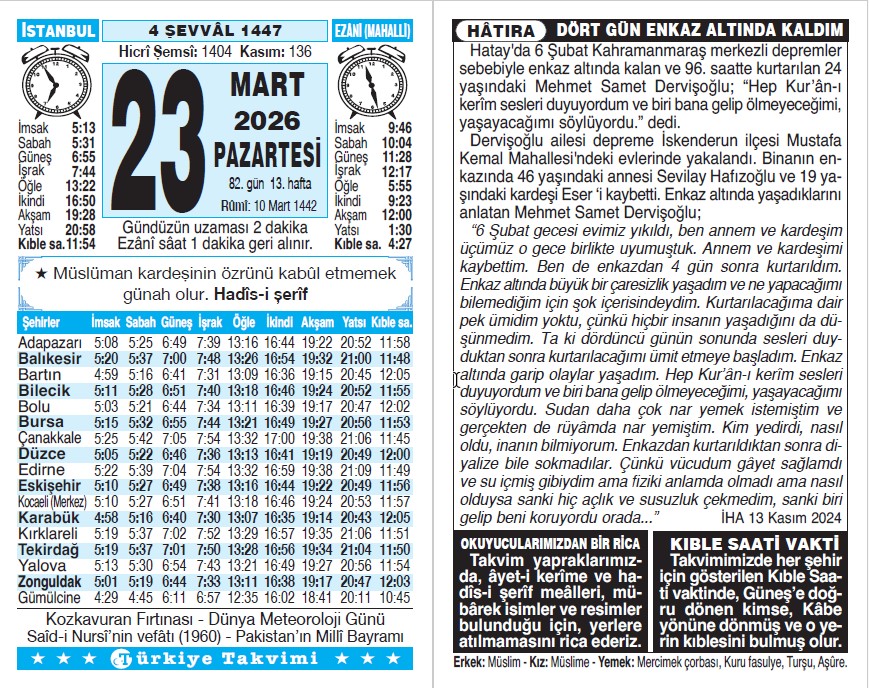 4 Şevval 1447 - 23 Mart 2026 Tarihli Türkiye Takvimi