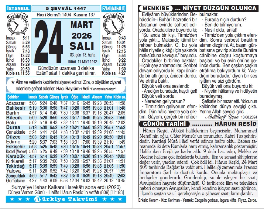 5 Şevval 1447 - 24 Mart 2026 Tarihli Türkiye Takvimi