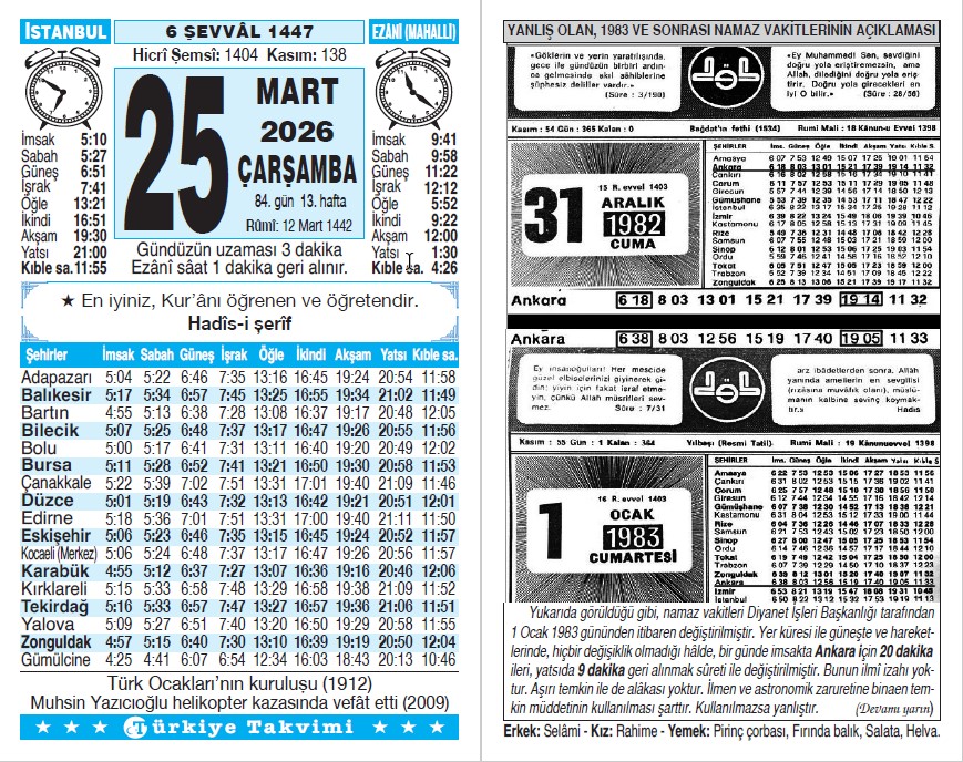 6 Şevval 1447 - 25 Mart 2026 Tarihli Türkiye Takvimi