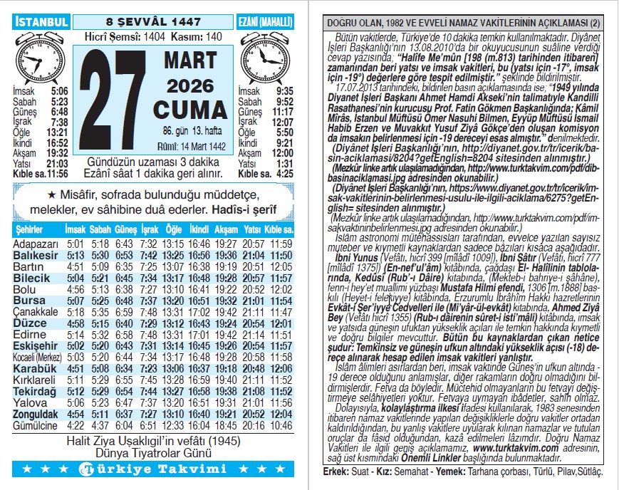 8 Şevval 1447 - 27 Mart 2026 Tarihli Türkiye Takvimi