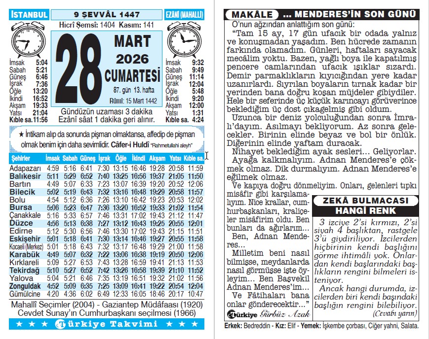 9 Şevval 1447 - 28 Mart 2026 Tarihli Türkiye Takvimi