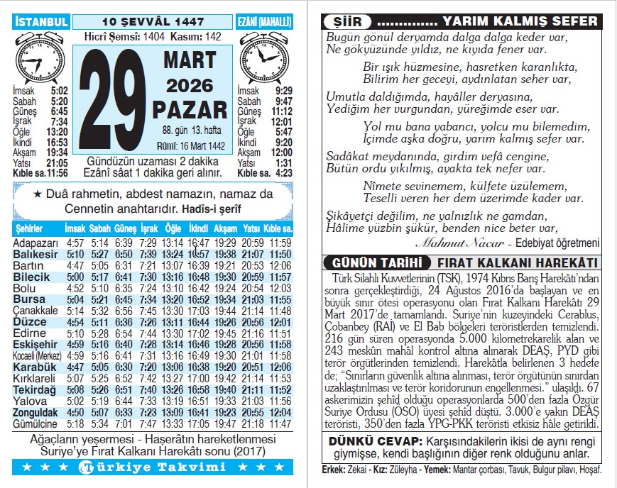 10 Şevval 1447 - 29 Mart 2026 Tarihli Türkiye Takvimi