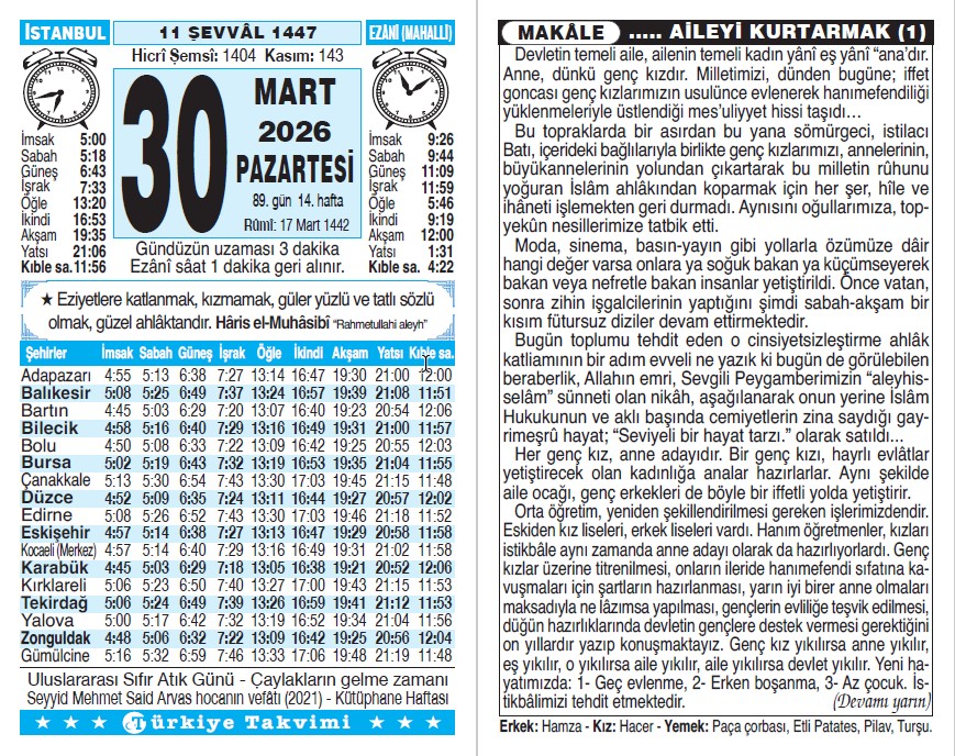 11 Şevval 1447 - 30 Mart 2026 Tarihli Türkiye Takvimi