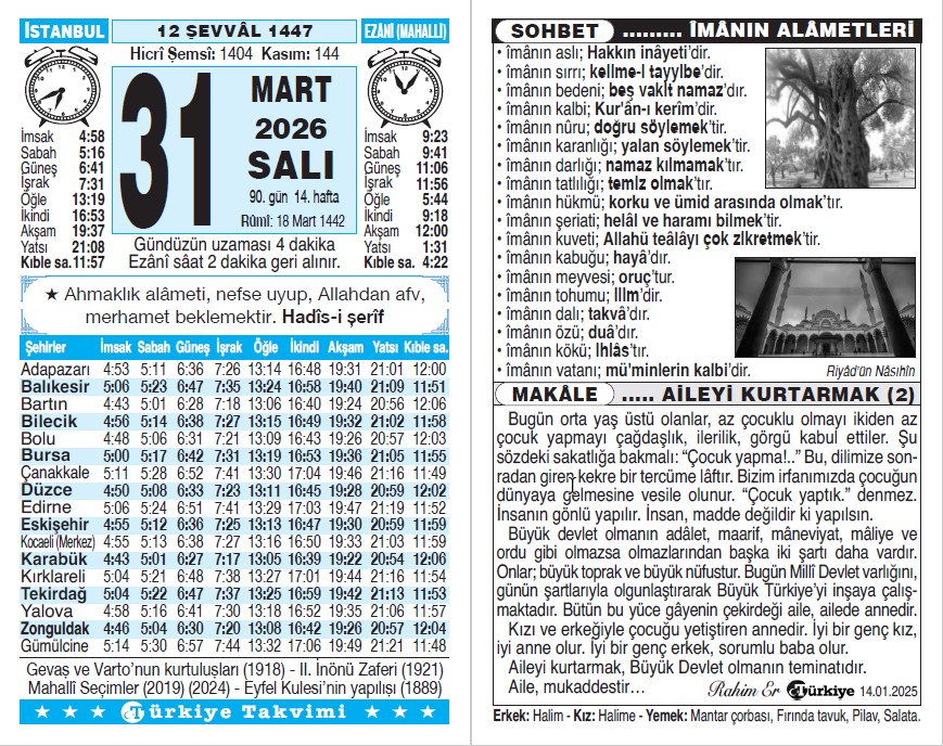12 Şevval 1447 - 31 Mart 2026 Tarihli Türkiye Takvimi