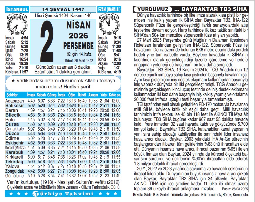 14 Şevval 1447 - 2 Nisan 2026 Tarihli Türkiye Takvimi