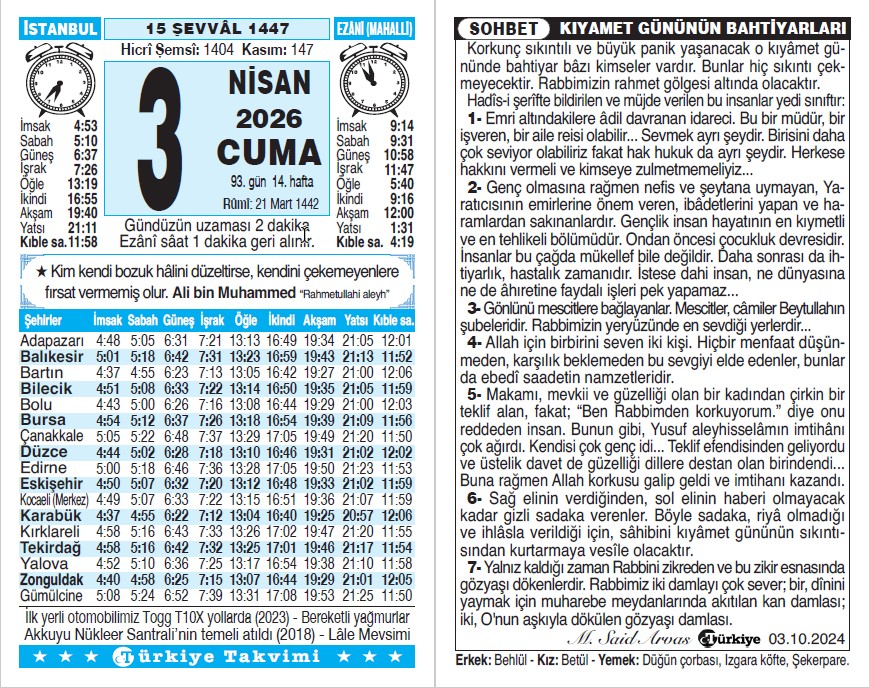 15 Şevval 1447 - 3 Nisan 2026 Tarihli Türkiye Takvimi