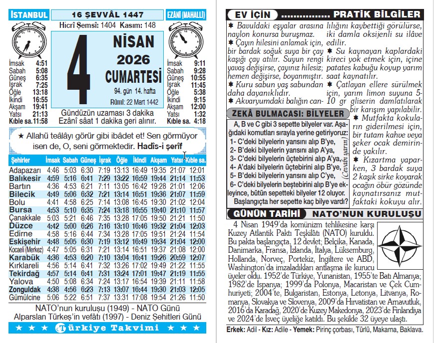 16 Şevval 1447 - 4 Nisan 2026 Tarihli Türkiye Takvimi