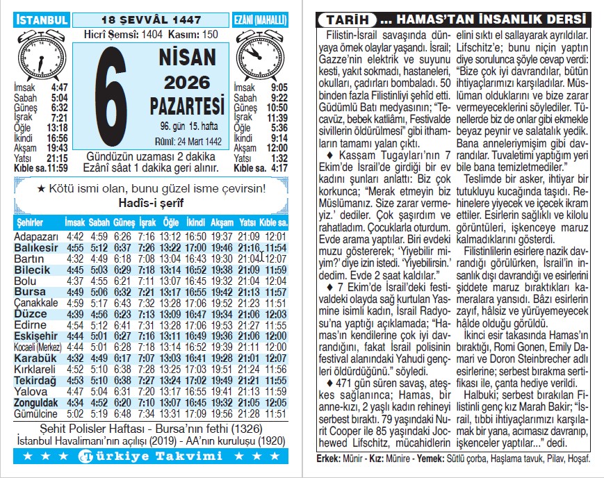 18 Şevval 1447 - 6 Nisan 2026 Tarihli Türkiye Takvimi