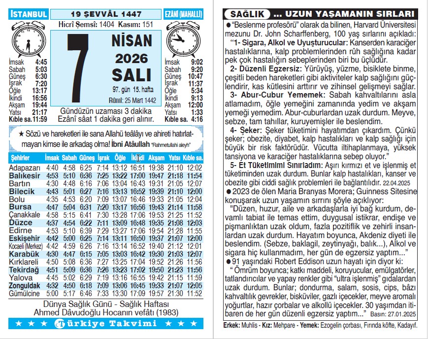 19 Şevval 1447 - 7 Nisan 2026 Tarihli Türkiye Takvimi