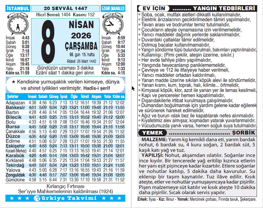 20 Şevval 1447 - 8 Nisan 2026 Tarihli Türkiye Takvimi