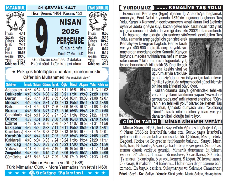 21 Şevval 1447 - 9 Nisan 2026 Tarihli Türkiye Takvimi