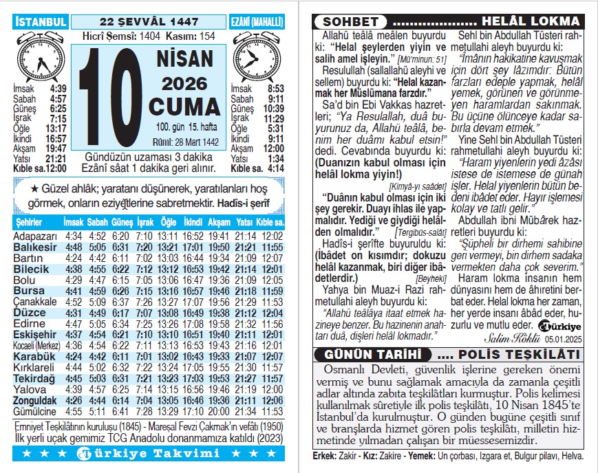 22 Şevval 1447 - 10 Nisan 2026 Tarihli Türkiye Takvimi