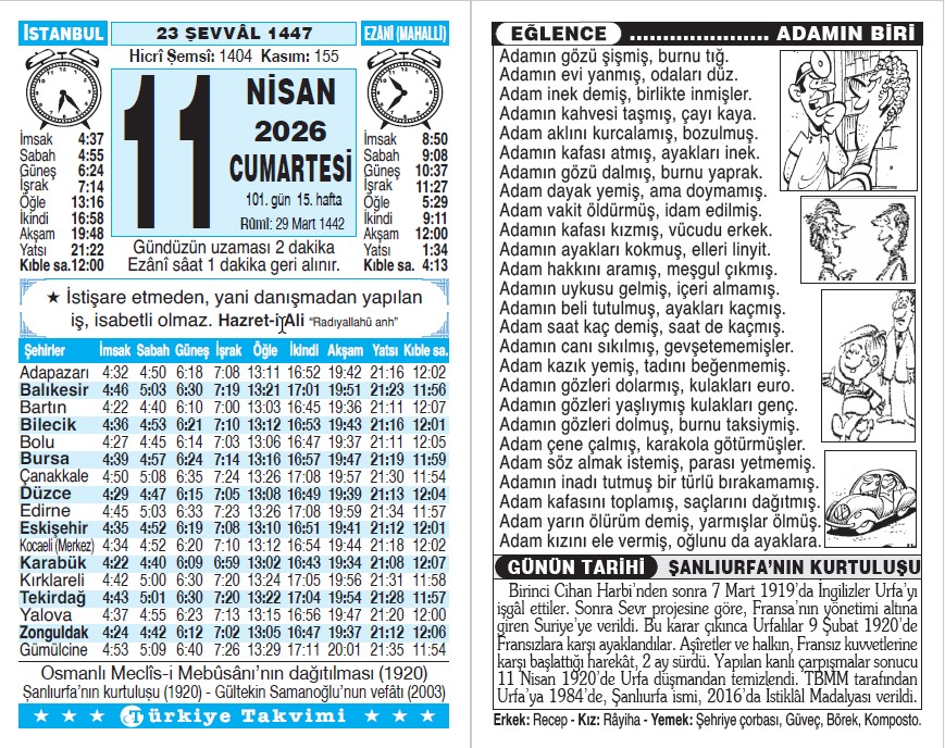 23 Şevval 1447 - 11 Nisan 2026 Tarihli Türkiye Takvimi