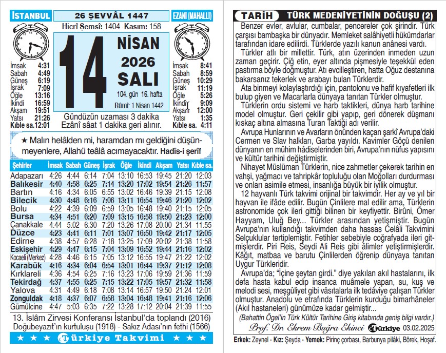 26 Şevval 1447 - 14 Nisan 2026 Tarihli Türkiye Takvimi