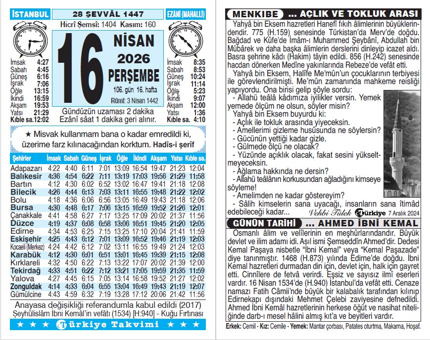 28 Şevval 1447 - 16 Nisan 2026 Tarihli Türkiye Takvimi