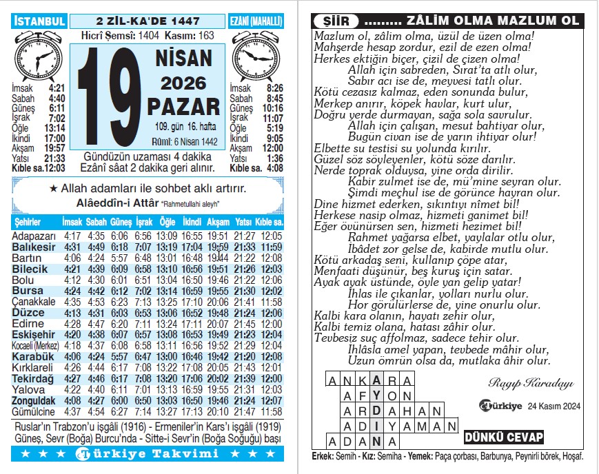 2 Zilkade 1447 - 19 Nisan 2026 Tarihli Türkiye Takvimi