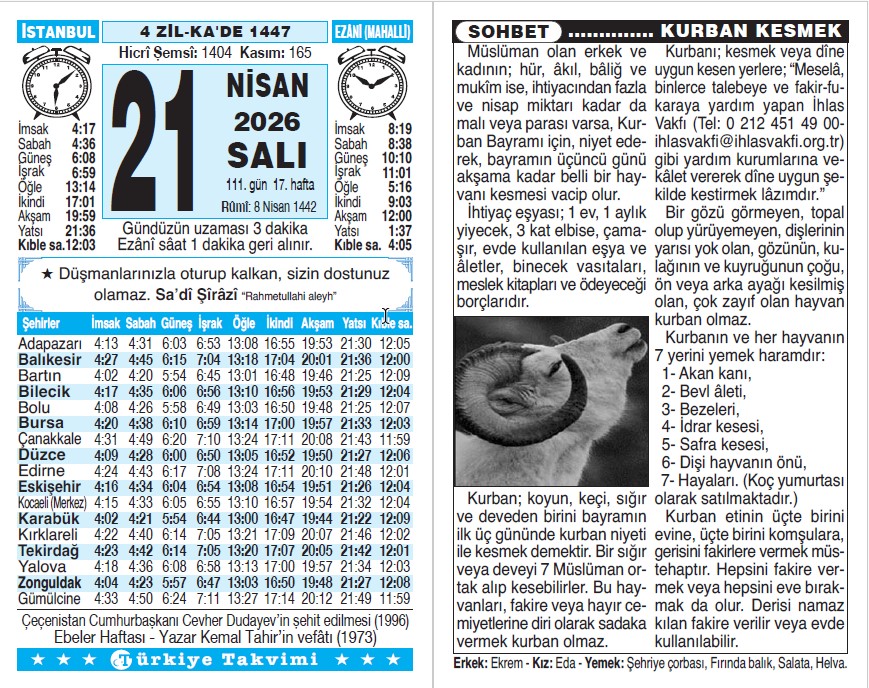 4 Zilkade 1447 - 21 Nisan 2026 Tarihli Türkiye Takvimi