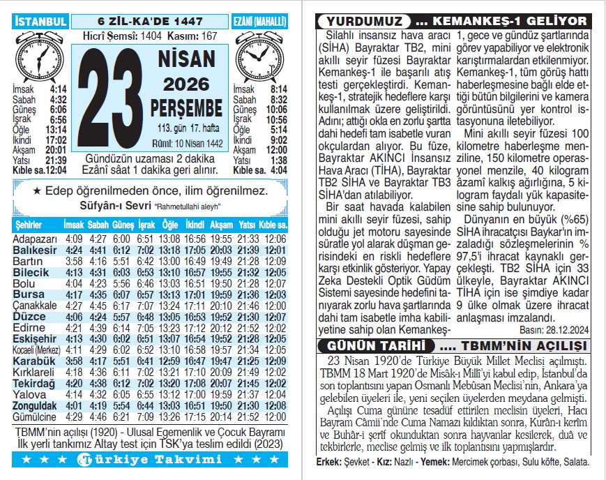 6 Zilkade 1447 - 23 Nisan 2026 Tarihli Türkiye Takvimi
