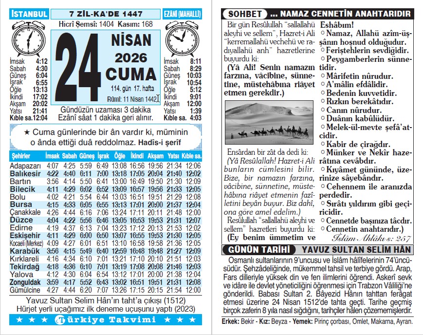 7 Zilkade 1447 - 24 Nisan 2026 Tarihli Türkiye Takvimi