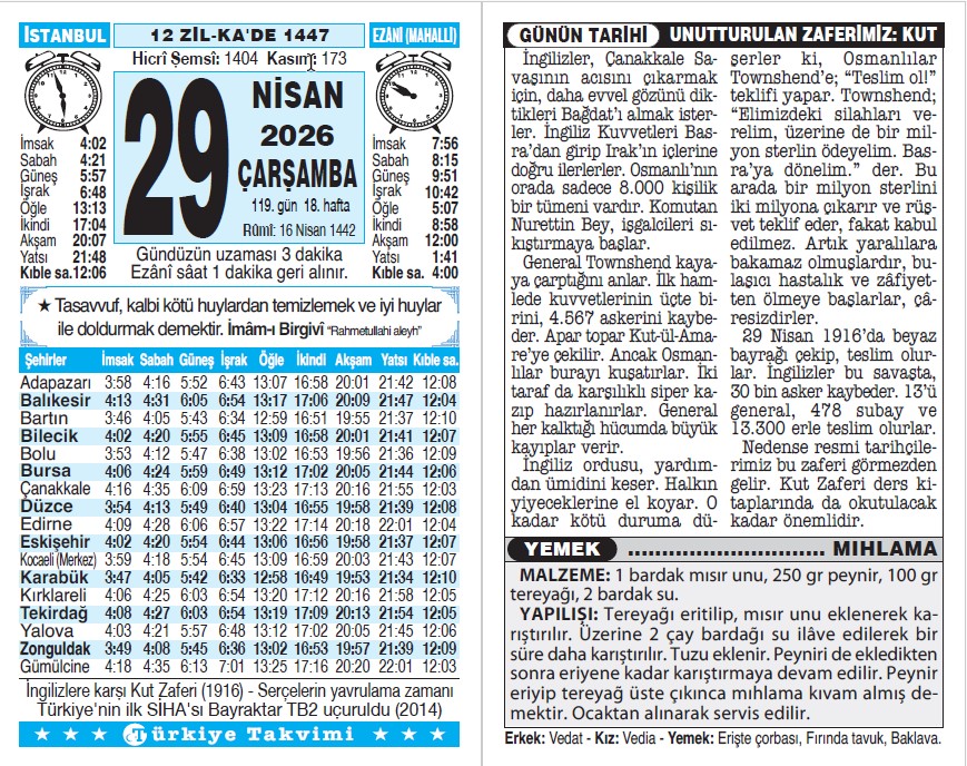 12 Zilkade 1447 - 29 Nisan 2026 Tarihli Türkiye Takvimi