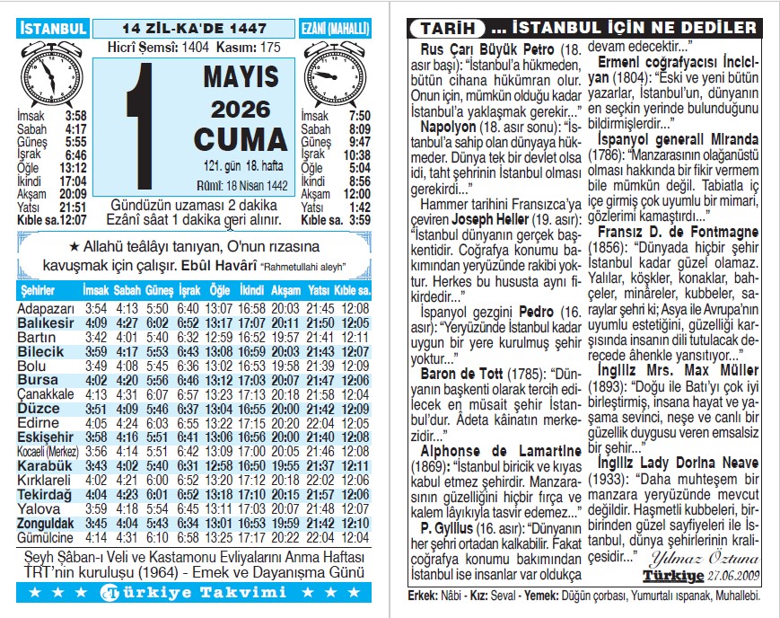 14 Zilkade 1447 - 1 Mayıs 2026 Tarihli Türkiye Takvimi