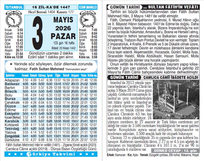 16 Zilkade 1447 - 3 Mayıs 2026 Tarihli Türkiye Takvimi