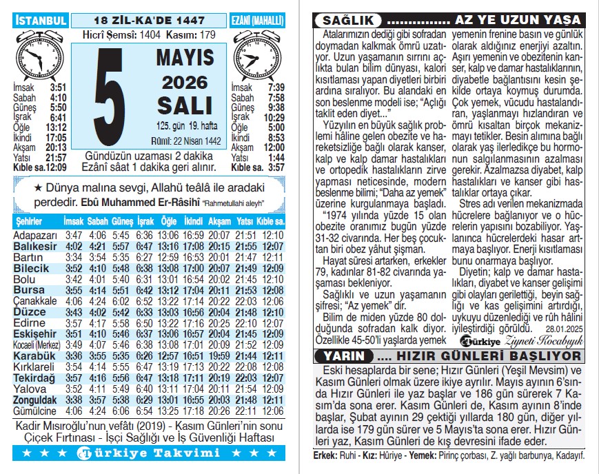 18 Zilkade 1447 - 5 Mayıs 2026 Tarihli Türkiye Takvimi
