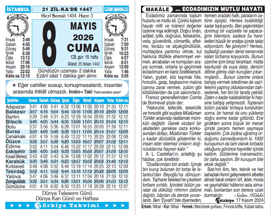 21 Zilkade 1447 - 8 Mayıs 2026 Tarihli Türkiye Takvimi