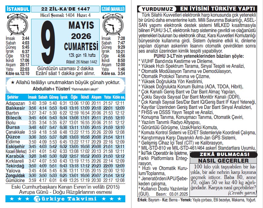 22 Zilkade 1447 - 9 Mayıs 2026 Tarihli Türkiye Takvimi