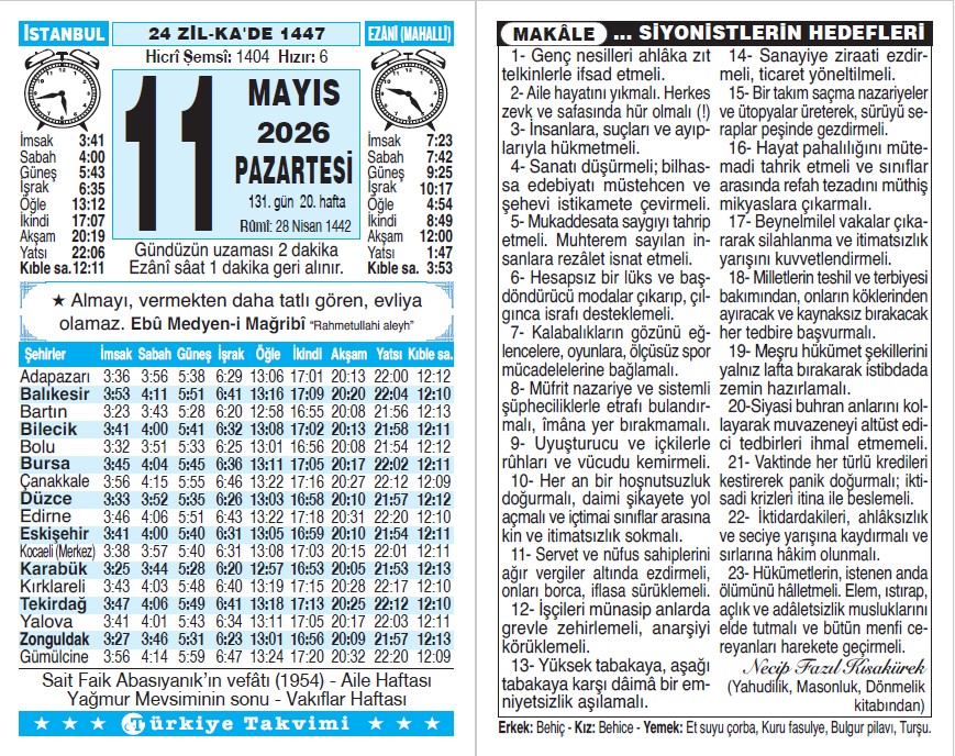 24 Zilkade 1447 - 11 Mayıs 2026 Tarihli Türkiye Takvimi