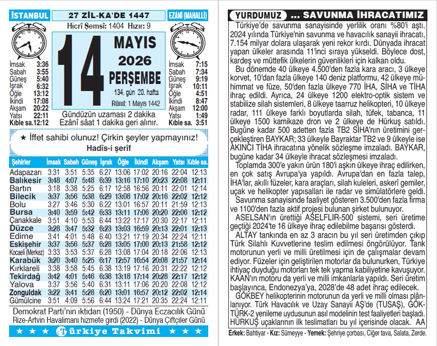 27 Zilkade 1447 - 14 Mayıs 2026 Tarihli Türkiye Takvimi