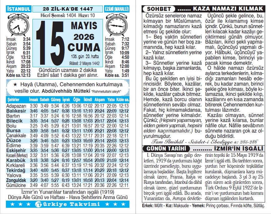 28 Zilkade 1447 - 15 Mayıs 2026 Tarihli Türkiye Takvimi