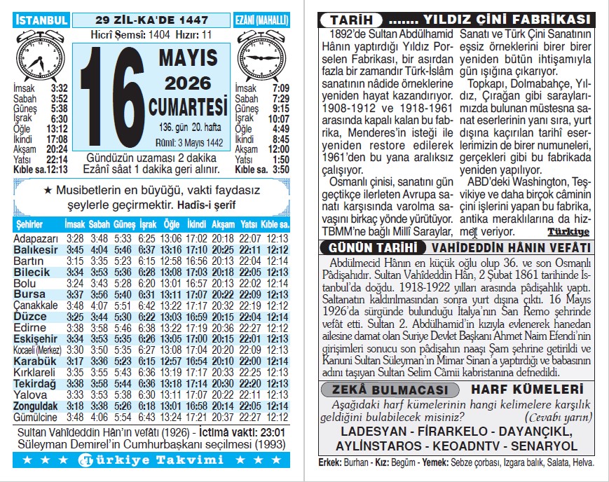 29 Zilkade 1447 - 16 Mayıs 2026 Tarihli Türkiye Takvimi
