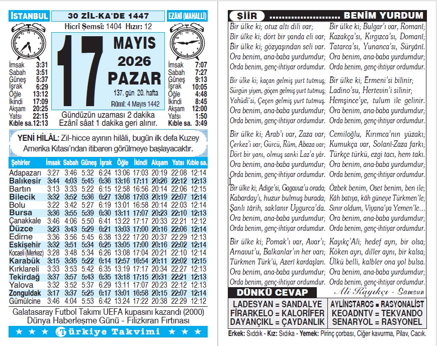 30 Zilkade 1447 - 17 Mayıs 2026 Tarihli Türkiye Takvimi