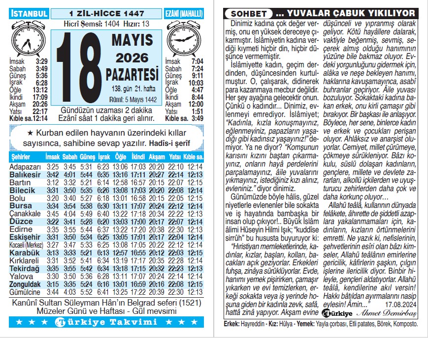 1 Zilhicce 1447 - 18 Mayıs 2026 Tarihli Türkiye Takvimi