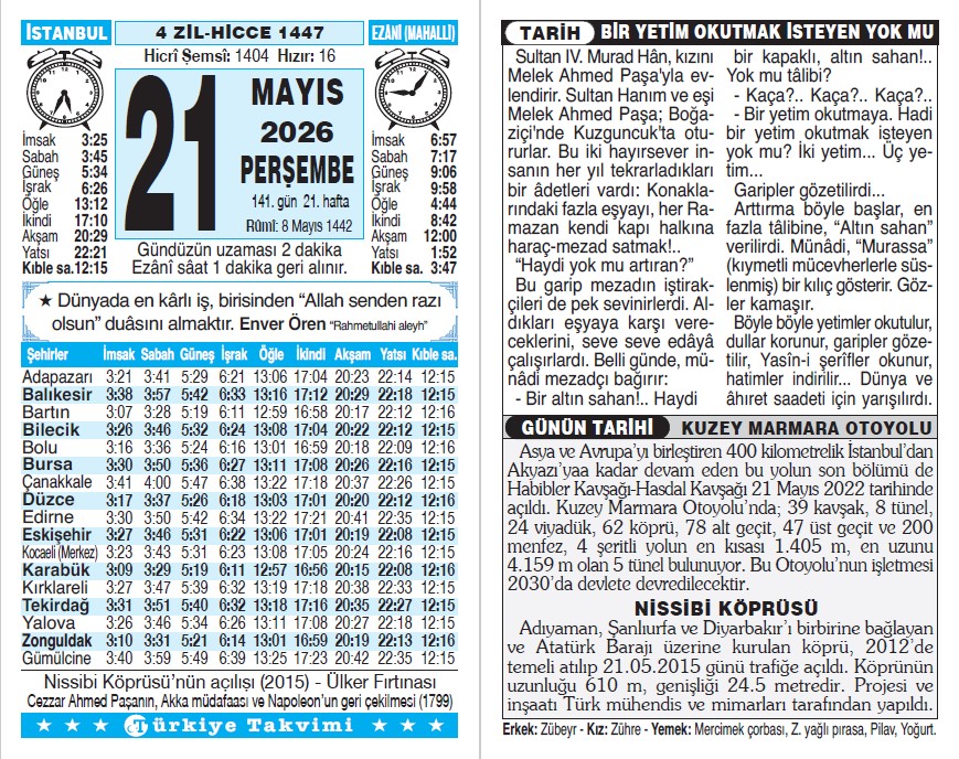 4 Zilhicce 1447 - 21 Mayıs 2026 Tarihli Türkiye Takvimi