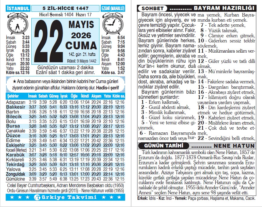 5 Zilhicce 1447 - 22 Mayıs 2026 Tarihli Türkiye Takvimi