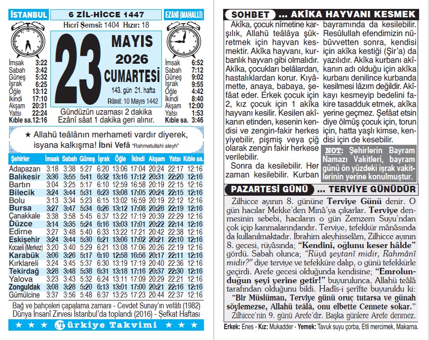 6 Zilhicce 1447 - 23 Mayıs 2026 Tarihli Türkiye Takvimi