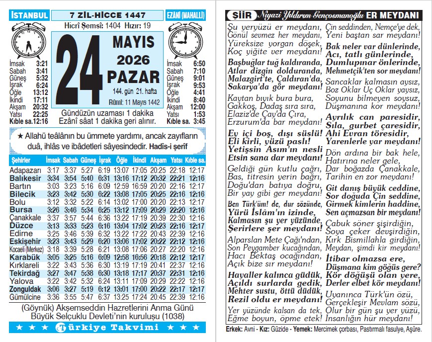 7 Zilhicce 1447 - 24 Mayıs 2026 Tarihli Türkiye Takvimi