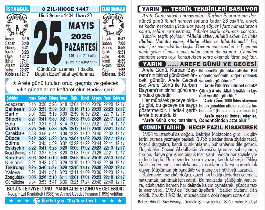 8 Zilhicce 1447 - 25 Mayıs 2026 Tarihli Türkiye Takvimi