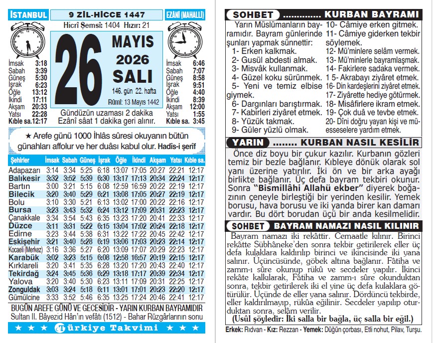 9 Zilhicce 1447 - 26 Mayıs 2026 Tarihli Türkiye Takvimi