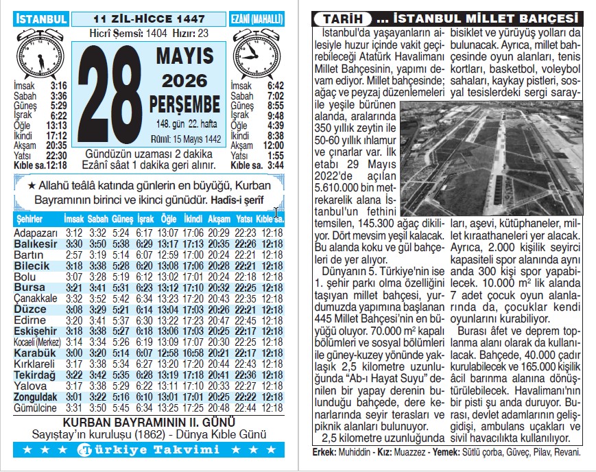 11 Zilhicce 1447 - 28 Mayıs 2026 Tarihli Türkiye Takvimi