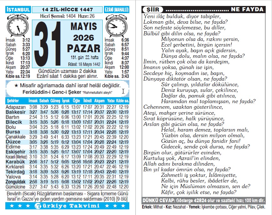 14 Zilhicce 1447 - 31 Mayıs 2026 Tarihli Türkiye Takvimi