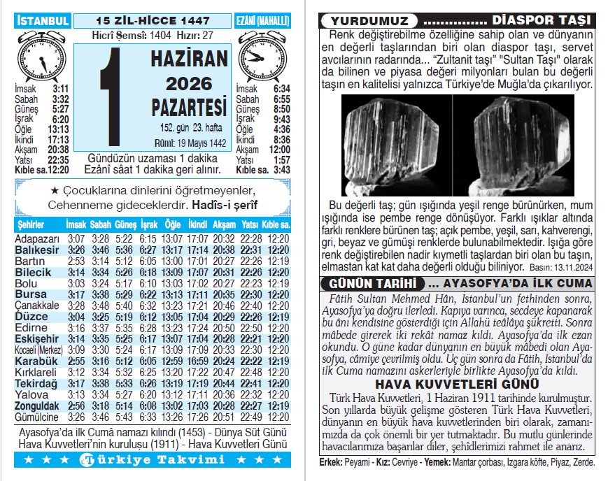 15 Zilhicce 1447 - 1 Haziran 2026 Tarihli Türkiye Takvimi