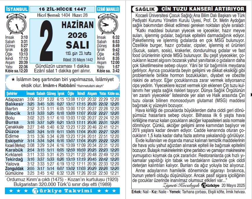 16 Zilhicce 1447 - 2 Haziran 2026 Tarihli Türkiye Takvimi