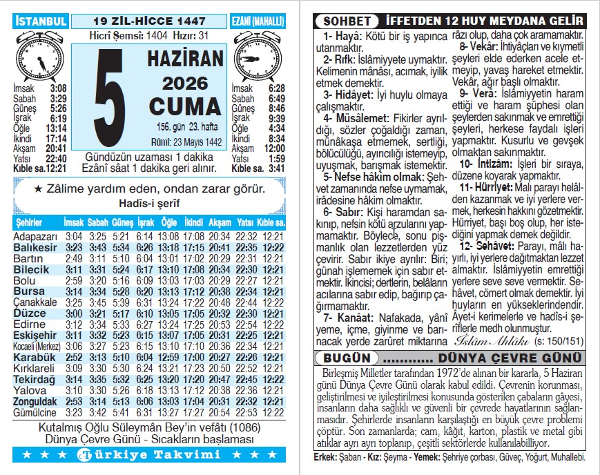19 Zilhicce 1447 - 5 Haziran 2026 Tarihli Türkiye Takvimi