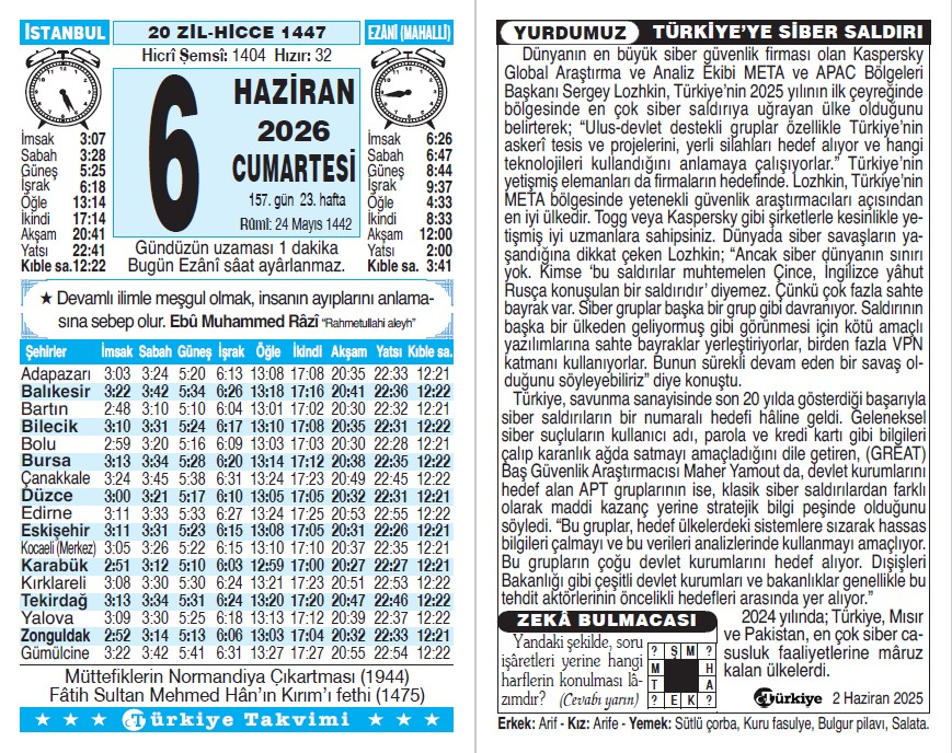 20 Zilhicce 1447 - 6 Haziran 2026 Tarihli Türkiye Takvimi